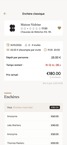 Écran de l'app Formidable : enchère sur une table avec surenchère automatique