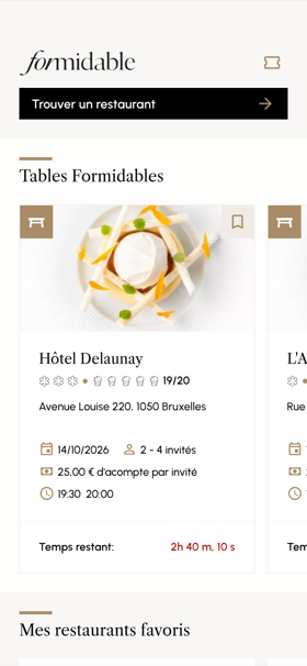 Écran d'accueil de l'app Formidable : les tables libérées dans les restaurants distingués