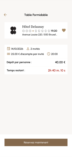 Écran de l'app Formidable : réservation immédiate d'une table