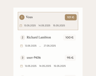 Écran de l'app : suivi des enchères et réservations